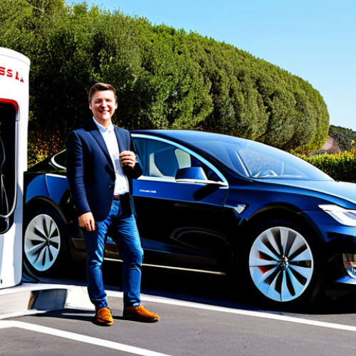 A professional individual, fully clothed in modest business casual attire, stands relaxed and content beside a Tesla vehicle actively charging at a modern Supercharger V3 station in Portugal. The station is strategically located, with a contemporary cafe visible in the background, suggesting a convenient and pleasant stop for a quick coffee. The setting is bright and clean under a clear blue sky, emphasizing ease and efficiency. Perfect anatomy, correct proportions, natural pose, well-formed hands, proper finger count, natural body proportions. Professional photography, high quality, sharp focus, vibrant colors, safe for work, appropriate content, fully clothed, modest, family-friendly.