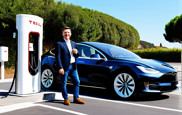 A professional individual, fully clothed in modest business casual attire, stands relaxed and content beside a Tesla vehicle actively charging at a modern Supercharger V3 station in Portugal. The station is strategically located, with a contemporary cafe visible in the background, suggesting a convenient and pleasant stop for a quick coffee. The setting is bright and clean under a clear blue sky, emphasizing ease and efficiency. Perfect anatomy, correct proportions, natural pose, well-formed hands, proper finger count, natural body proportions. Professional photography, high quality, sharp focus, vibrant colors, safe for work, appropriate content, fully clothed, modest, family-friendly.