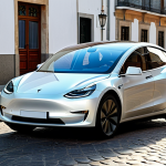 A professional male engineer, fully clothed in a modest, smart casual outfit, stands next to a sleek, modern Tesla electric vehicle on a clean, sunlit Portuguese street. The car is depicted with subtle holographic overlays illustrating its computer vision and object recognition capabilities, specifically focusing on its ability to navigate complex urban scenarios like roundabouts and intersections. The background features a blend of traditional and contemporary Portuguese architecture. The overall scene is appropriate content, safe for work, family-friendly, perfect anatomy, correct proportions, natural pose, well-formed hands, proper finger count, natural body proportions, professional photography, high-resolution, ultra-realistic.