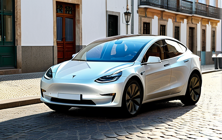 A professional male engineer, fully clothed in a modest, smart casual outfit, stands next to a sleek, modern Tesla electric vehicle on a clean, sunlit Portuguese street. The car is depicted with subtle holographic overlays illustrating its computer vision and object recognition capabilities, specifically focusing on its ability to navigate complex urban scenarios like roundabouts and intersections. The background features a blend of traditional and contemporary Portuguese architecture. The overall scene is appropriate content, safe for work, family-friendly, perfect anatomy, correct proportions, natural pose, well-formed hands, proper finger count, natural body proportions, professional photography, high-resolution, ultra-realistic.