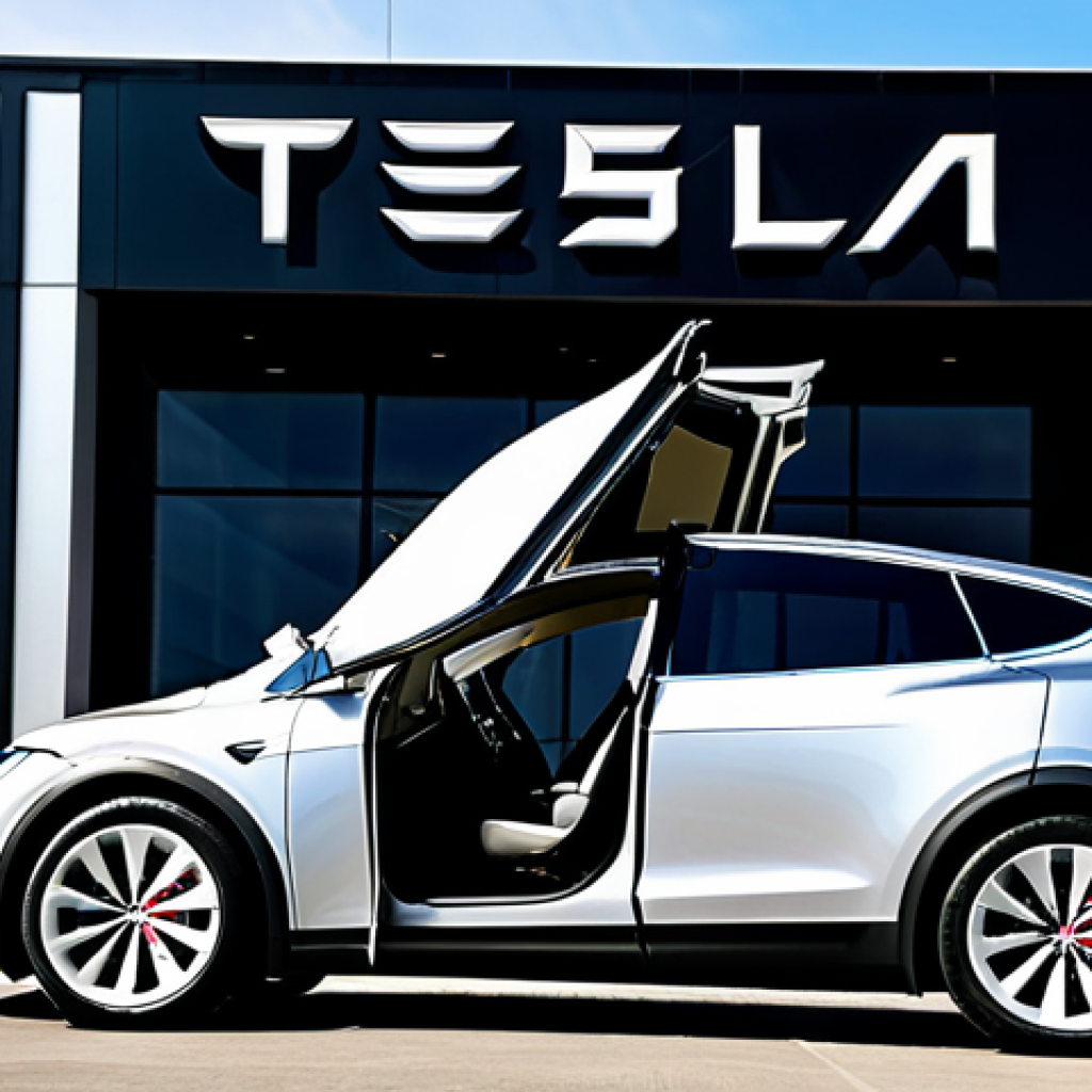 A professional person, fully clothed in a sleek, modern business suit, standing next to a Tesla Model X with its iconic falcon wing doors gracefully open. The car is positioned on a clean, futuristic road in front of a minimalist, glass-and-steel building under a bright sky, emphasizing its bold, innovative design and cutting-edge aesthetic. The person has perfect anatomy, correct proportions, and a natural pose, with well-formed hands and a proper finger count. The scene is safe for work, appropriate content, fully clothed, and family-friendly, professional photography, high quality.