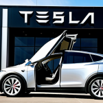 A professional person, fully clothed in a sleek, modern business suit, standing next to a Tesla Model X with its iconic falcon wing doors gracefully open. The car is positioned on a clean, futuristic road in front of a minimalist, glass-and-steel building under a bright sky, emphasizing its bold, innovative design and cutting-edge aesthetic. The person has perfect anatomy, correct proportions, and a natural pose, with well-formed hands and a proper finger count. The scene is safe for work, appropriate content, fully clothed, and family-friendly, professional photography, high quality.
