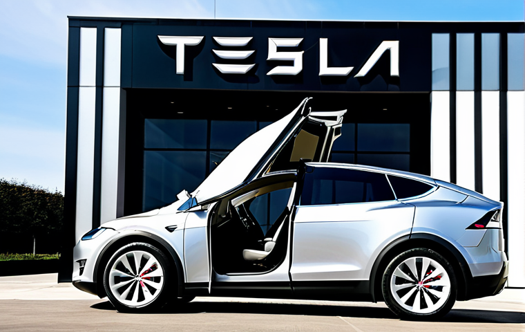 A professional person, fully clothed in a sleek, modern business suit, standing next to a Tesla Model X with its iconic falcon wing doors gracefully open. The car is positioned on a clean, futuristic road in front of a minimalist, glass-and-steel building under a bright sky, emphasizing its bold, innovative design and cutting-edge aesthetic. The person has perfect anatomy, correct proportions, and a natural pose, with well-formed hands and a proper finger count. The scene is safe for work, appropriate content, fully clothed, and family-friendly, professional photography, high quality.