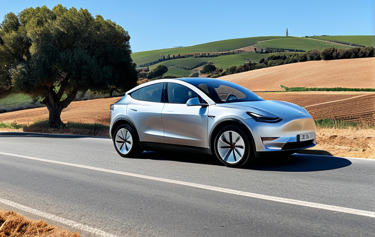 테슬라 모델 Y와 폴스타 2 비교 - Tesla Model Y in Alentejo**
"Tesla Model Y, silver color, driving on a rural road in Alentejo, Port...