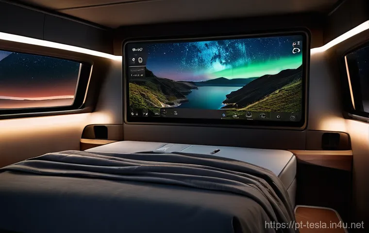 테슬라 모델 Y 차박 활용 사례 - **Prompt:** A detailed interior shot of a Tesla Model Y expertly transformed into a highly functiona...