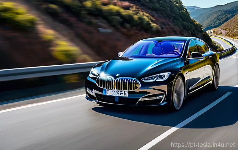 테슬라 모델 S와 BMW 7시리즈 비교 - **Prompt:** A dynamic, split image illustrating the contrasting driving sensations of two luxury sed...