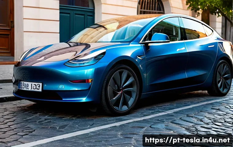 테슬라 모델 3와 현대 아이오닉 6 비교 - **Prompt:** A sleek, minimalist Tesla Model 3, in a metallic grey finish, is parked gracefully on a ...
