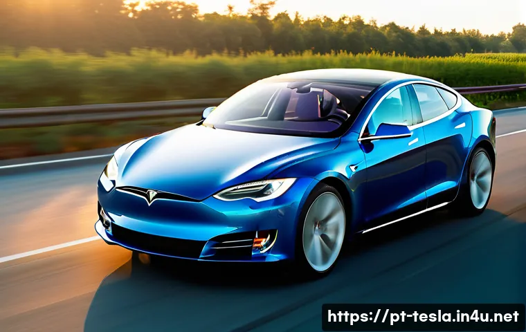 테슬라 오토파일럿과 풀 셀프 드라이빙 차이 - A sleek Tesla Model S driving on a modern highway during golden hour, showcasing the Autopilot syste...