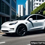Home 20 테슬라 모델 Y의 소형 SUV 시장 반응 - A sleek Tesla Model Y electric SUV parked on a sunny Brazilian urban street, showcasing its smooth, ...