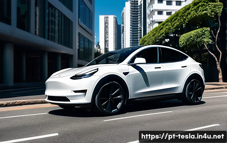 테슬라 모델 Y의 소형 SUV 시장 반응 - A sleek Tesla Model Y electric SUV parked on a sunny Brazilian urban street, showcasing its smooth, ...