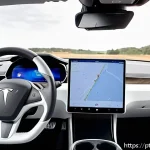 Home 18 테슬라 모델 3의 실내 인테리어 리뷰 - Interior of a Tesla Model 3 featuring a minimalist and elegant design, with a large 15-inch central ...