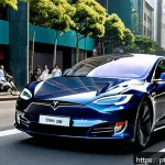 Home 23 테슬라 모델 S 플래드의 고성능 리뷰 - A sleek Tesla Model S Plaid driving through a busy São Paulo urban street during daylight, showcasin...