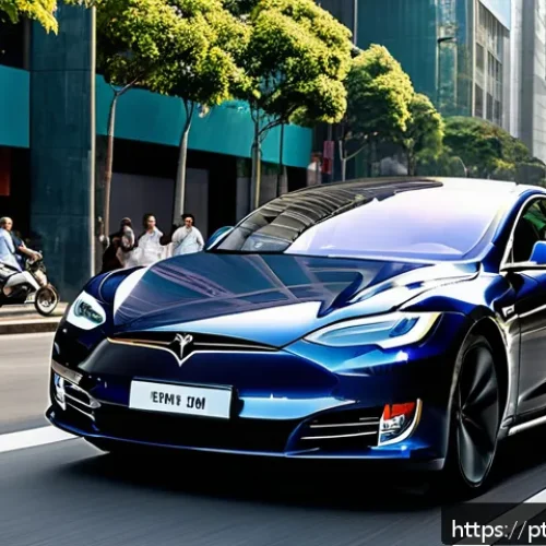 Home 17 테슬라 모델 S 플래드의 고성능 리뷰 - A sleek Tesla Model S Plaid driving through a busy São Paulo urban street during daylight, showcasin...