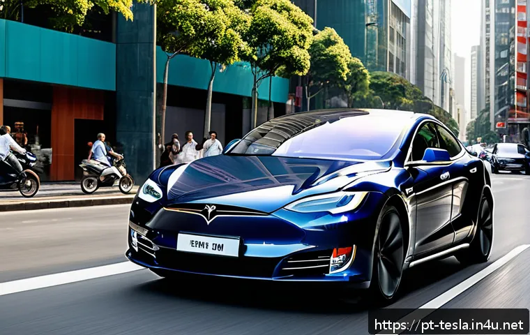 테슬라 모델 S 플래드의 고성능 리뷰 - A sleek Tesla Model S Plaid driving through a busy São Paulo urban street during daylight, showcasin...